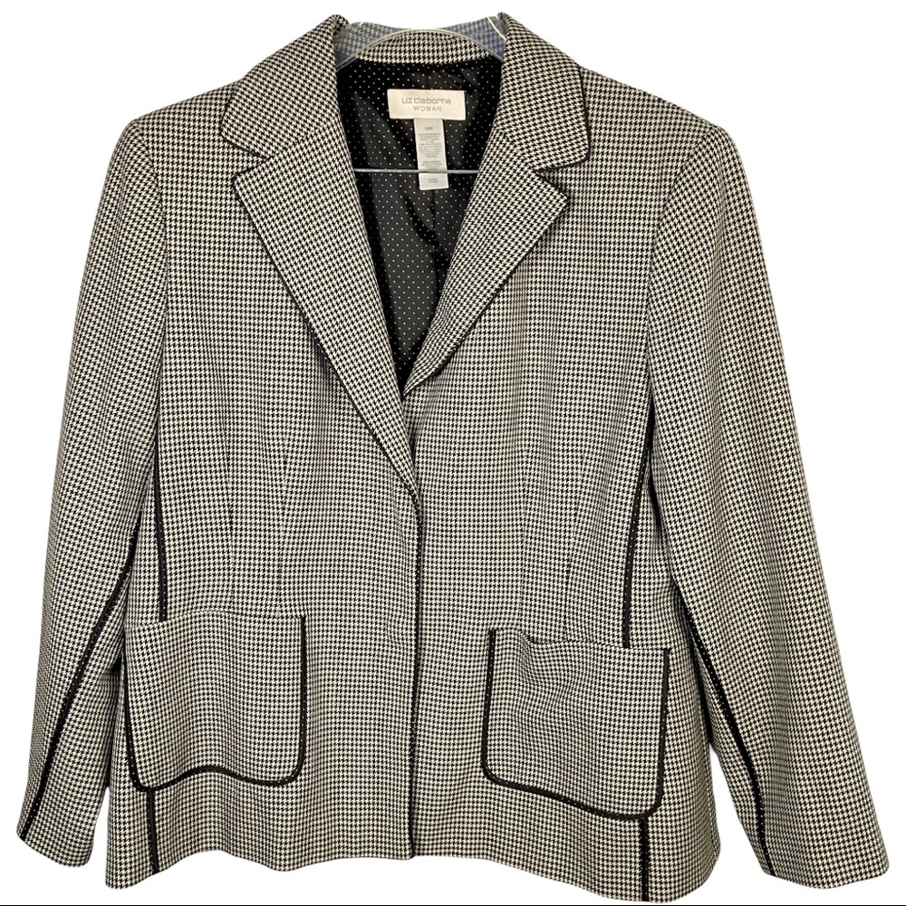 Liz Claiborne Tailored Black White Houndstooth Blazer Contrast Piping Lined 18W